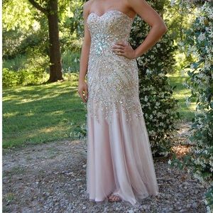 Champagne/pink/peach beaded prom dress, size 6